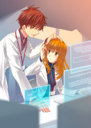 1boy 1girl brown_hair closed_eyes coat ever_17 hand_on_another&#039;s_head headpat kaburaki_ryougo lab_coat long_hair open_clothes open_coat orange_eyes orange_hair short_hair smile takigawa_yuu tanaka_yubiseiharukana white_coat