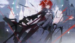 1girl absurdres arknights axleaki black_jacket black_shorts blush chinese_commentary closed_mouth commentary commentary_request cross english_commentary exusiai_(arknights) exusiai_the_new_covenant_(arknights) gun hair_between_eyes highres holding holding_gun holding_weapon jacket latin_cross light_particles long_sleeves looking_at_viewer medium_hair mixed-language_commentary rainbow red_hair shirt shorts smile solo sparkle standing submachine_gun thighhighs weapon white_shirt white_thighhighs yellow_eyes