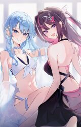 2girls :d absurdres aya02ka azki_(hololive) back bare_shoulders barefoot bikini black_hair blue_eyes blue_hair blush breasts choker colored_inner_hair commentary_request curtains earrings front-tie_bikini_top front-tie_top grin hair_ornament hand_on_another&#039;s_shoulder highres hololive hoshimachi_suisei jewelry long_hair looking_at_viewer looking_back medium_breasts multicolored_hair multiple_girls navel open_mouth pink_bikini pink_hair purple_eyes sitting skirt small_breasts smile star_(symbol) star_in_eye stomach streaked_hair swimsuit symbol_in_eye virtual_youtuber white_bikini white_hair