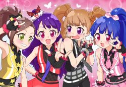 4girls :d \m/ ageha_mia belt belt_buckle black_belt black_shirt black_shorts blue_hair bow brown_hair buckle collared_shirt cowboy_shot everyone fingerless_gloves frilled_gloves frills gloves green_eyes grey_necktie grin hair_bow hair_ornament hair_scrunchie high_ponytail jacket lens_flare long_hair looking_at_viewer miyama_reina multiple_girls necktie ooruri_ayami open_mouth pink_background pink_jacket pink_necktie pink_skirt ponytail pretty_rhythm pretty_rhythm_dear_my_future pretty_series print_shirt purple_eyes purple_hair red_eyes red_jacket red_skirt scrunchie shijimi_karin shirt shorts skirt sleeveless sleeveless_jacket sleeveless_shirt smile sparkle standing starry_sky_print teeth twintails unopre white_belt yellow_jacket
