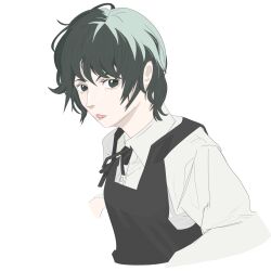 Rule 34 | 1girl, black hair, black ribbon, dress, eri (sayonara eri), highres, long sleeves, pinafore dress, ribbon, sayonara eri, school uniform, shirt, short hair, sleeveless, sleeveless dress, tenkyugi, white shirt