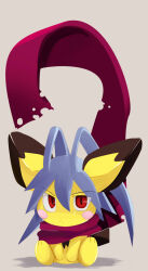 1boy 2000s_(style) antenna_hair blue_hair blush_stickers chibikemo commentary disgaea english_commentary furrification furry furry_male gen_2_pokemon grey_background laharl maguro-chan male_focus nintendo pichu pokemon pokemon_(creature) red_eyes red_scarf scarf short_hair simple_background sitting solo spiked_hair
