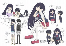 1girl 2boys alternate_costume antenna_hair arrow_(symbol) black_eyes black_hair black_sweater_vest black_tank_top black_thighhighs blush bright_pupils brother_and_sister closed_eyes closed_mouth collared_shirt colored_skin dual_persona flip-flops food game_boy handheld_game_console highres holding holding_handheld_game_console holding_ice_cream_cone ice_cream ice_cream_cone long_hair looking_at_another mari_(faraway)_(omori) mari_(omori) multiple_boys omori omori_(omori) open_mouth pleated_skirt purple_skirt red_footwear red_skirt sandals shirt short_hair shorts siblings simple_background sitting sketch skirt smile socks striped_clothes striped_shorts sunny_(omori) sweater_vest tank_top thighhighs toastytoast tongue tongue_out translation_request vertical-striped_clothes vertical-striped_shorts white_background white_pupils white_shirt white_shorts white_skin white_socks white_thighhighs