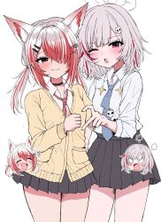 2girls :3 absurdres animal_ears black_choker blue_necktie blush cardigan choker collared_shirt dtto. fox_ears hair_ornament hair_over_one_eye halo heart_hands_failure highres meme minami_(minami_summer) miniskirt multicolored_hair multiple_girls necktie one_eye_closed open_mouth red_eyes red_hair red_necktie reject_(esports) school_uniform shirt short_hair skirt skull_hair_ornament smile syusetu_kohaku thumbs_up two-tone_hair vee_(vtuber) virtual_youtuber white_background white_hair white_shirt yellow_cardigan