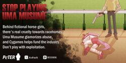1boy 1girl animal_ears buruma commentary english_commentary english_text family_guy haru_urara_(umamusume) highres horse_ears horse_girl horse_tail horseshoe kurihachi loss_(meme) meme parody peta_(organization) peter_griffin pink_hair red_buruma tail trainer_(umamusume) umamusume yamcha_pose_(meme)