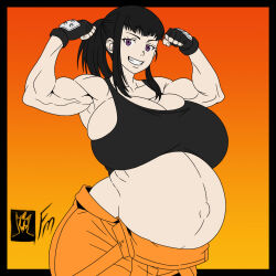 Rule 34 | 1girl, armpits, arms up, breasts, cleavage, en&#039;en no shouboutai, female focus, fingerless gloves, flat color, flexing, fungus-man, gloves, highres, huge breasts, looking at viewer, maki oze, medium hair, muscular, muscular female, navel, ponytail, pregnant, purple eyes, simple background, skindentation, solo