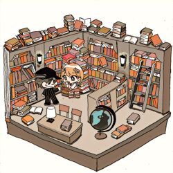1boy 1girl ahoge akamatsu_kaede backpack bag baseball_cap black_hat black_jacket black_pants black_sleeves blonde_hair book book_stack bookshelf brown_footwear chair chibi collared_shirt commentary_request danganronpa_(series) danganronpa_v3:_killing_harmony desk fortissimo from_behind globe hair_ornament hand_on_own_chin hat highres indoors jacket kneehighs ladder lamp lantern library long_hair long_sleeves looking_at_another miniskirt musical_note musical_note_hair_ornament necktie open_book pants partial_commentary pink_vest pinstripe_jacket pinstripe_pants pinstripe_pattern purple_eyes purple_skirt purple_socks red_necktie saihara_shuichi shirt shoes skirt socks sugi_haeru talking v-neck vertical-striped_sleeves vest white_background white_bag white_shirt white_sleeves