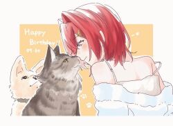 1girl ange_katrina ange_katrina_(6th_costume) armpit_crease bare_shoulders blue_eyes blue_jacket blush camisole cat closed_eyes commentary dated dog eye_contact from_behind grey_cat hair_intakes hair_ornament hairclip happy_birthday heart jacket looking_at_animal looking_at_another looking_to_the_side nijisanji off_shoulder orange_background outline paw_print profile red_hair ritowani short_hair smile strap_slip symbol-only_commentary turning_head two-tone_background upper_body virtual_youtuber white_background white_camisole white_outline yellow_dog