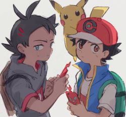 2boys ash_ketchum baseball_cap black_hair blue_eyes blue_vest brown_bag brown_eyes commentary_request dark-skinned_male dark_skin gen_1_pokemon gen_4_pokemon goh_(pokemon) green_bag grey_shirt hair_ornament hairclip hat holding holding_phone kurage2535 looking_at_viewer male_focus multiple_boys nintendo on_head phone pikachu pokemon pokemon_(anime) pokemon_(creature) pokemon_journeys pokemon_on_head rotom rotom_phone shirt simple_background spiked_hair sweat vest white_background white_shirt