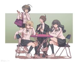 1boy 3girls :d ahoge annoyed bag black_jacket black_necktie black_pants black_skirt black_socks blonde_hair blush_stickers brown_hair closed_mouth danganronpa_(series) danganronpa_3_(anime) glass gradient_background green_background highres hinata_hajime jacket kneehighs kuzuryu_natsumi long_hair looking_at_another midori_(310ri_21) multiple_girls naegi_komaru necktie open_mouth pants pleated_skirt satou_(danganronpa) shoes short_hair shoulder_bag sitting skirt smile socks table white_background white_footwear