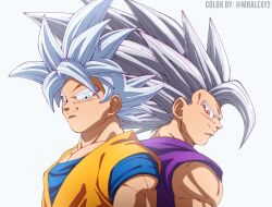 2boys back-to-back blue_eyes dragon_ball dragon_ball_super father_and_son gohan_beast happy highres looking_at_viewer multiple_boys muscular muscular_male red_eyes smile son_gohan son_goku toyotarou ultra_instinct white_hair