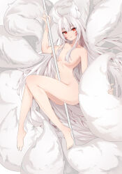 1girl absurdres ahoge animal_ears ara_haan bad_anatomy breasts completely_nude convenient_censoring elsword eun_(elsword) facial_mark fox_ears fox_girl fox_tail highres large_breasts long_hair looking_at_viewer multiple_tails navel nude pole red_eyes solo tail tbsic very_long_hair white_hair