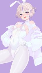 1girl :d adapted_costume animal_ear_hairband animal_ears blonde_hair blunt_bangs blush breasts breasts_apart clothing_cutout covered_navel cowboy_shot elbow_gloves embarrassed fake_animal_ears fake_tail gloves hair_ornament hairband hairclip hands_on_own_hips highleg highleg_leotard highres hololive hololive_dev_is jacket leg_up leotard looking_at_viewer multicolored_hair nervous_sweating nontraditional_playboy_bunny open_mouth pantyhose purple_background purple_eyes purple_hair rabbit_ear_hairband rabbit_ears rabbit_tail short_hair short_sleeves shoulder_cutout shrug_(clothing) simple_background small_breasts smile solo strapless strapless_leotard streaked_hair sweat tail todoroki_hajime todoroki_hajime_(1st_costume) tojo_aoi two_side_up virtual_youtuber white_gloves white_hairband white_jacket white_leotard white_pantyhose white_shrug