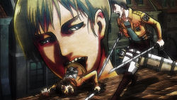 1girl bird black_hair blonde_hair blue_theme blush bob2824 bulge burp digestion full_body giant giantess happy highres mawshot nude open_mouth shingeki_no_kyojin stomach swallowing throat titan_(shingeki_no_kyojin) tongue tongue_out vore