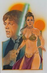 1boy 1girl armlet blonde_hair breasts brother_and_sister brown_hair cleavage collar energy_sword green_eyes green_lightsaber highres holding holding_sword holding_weapon huttslayer_leia jewelry large_breasts lightsaber long_hair looking_at_viewer luke_skywalker metal_bikini navel pelvic_curtain phil_noto ponytail princess_leia short_hair siblings star_wars star_wars:_return_of_the_jedi sword weapon