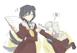 2girls ^^^ anger_vein animal_ears aqua_neckerchief black_pantyhose blush brown_dress brown_shoes cat_ears cat_girl cat_tail ceras_yanagida_lilienfeld churhami closed_eyes closed_mouth dog_ears dog_tail dress edel_note eighth_note feral_instincts fishing_rod grey_hair hair_ornament hair_ribbon hasu_no_sora_school_uniform highres holding holding_fishing_rod jitome katsuragi_izumi kemonomimi_mode link!_like!_love_live! long_hair long_sleeves love_live! mary_janes motion_lines multiple_girls musical_note neckerchief pantyhose pink_ribbon pleated_dress profile ribbon sailor_collar sailor_dress school_uniform shoes smile speech_bubble speed_lines spoken_anger_vein standing tail triangle_hair_ornament u_u virtual_youtuber white_sailor_collar winter_uniform wolf_cut yellow_neckerchief