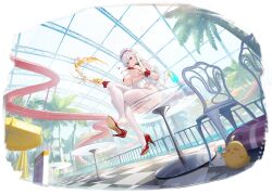 1girl against_glass animal apron artist_request ass ass_press azur_lane bare_shoulders belfast_(azur_lane) belfast_(blissful_service)_(azur_lane) bikini bird blue_eyes breasts chair checkered_floor clothing_cutout crossed_legs full_body garter_straps hair_ornament heart_cutout high_heels highres indoors large_breasts long_hair maid maid_headdress manjuu_(azur_lane) official_art palm_tree parted_lips see-through_clothes sitting soda_bottle swimsuit table thighhighs thighs tree tropical_drink wrist_cuffs