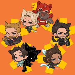 Rule 34 | &gt; &lt;, 2girls, 5boys, animal ears, animification, arms up, barefoot, beard, belt, black belt, black bodysuit, black boots, black gloves, blonde hair, blue eyes, blue pants, blue shirt, bodysuit, boots, brown hair, bucky barnes, cat ears, cat tail, chibi, chibi only, clenched hands, closed eyes, closed mouth, commentary, crossed arms, dark-skinned female, dark skin, dual persona, ear piercing, english commentary, facial hair, fang, father and daughter, fingerless gloves, full body, ghost (marvel), gloves, green bodysuit, gwindows22, hand on own hip, happy, helmet, john walker (marvel), jumping, kemonomimi mode, long sleeves, looking at another, looking at viewer, marvel, marvel cinematic universe, motor vehicle, motorcycle, multiple boys, multiple girls, notice lines, one eye closed, open mouth, orange background, pants, piercing, pocket, red gloves, red guardian (marvel), sentry (marvel), shield, shirt, short hair, sitting, smile, standing, star (symbol), striped bodysuit, superhero costume, tail, teeth, thunderbolts (movie), v-shaped eyebrows, white belt, white boots, yelena belova