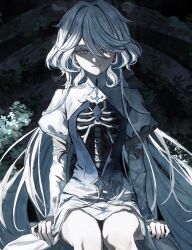 Rule 34 | 1girl, blue eyes, dress, drop-shaped pupils, exposed bone, eyelash ornament, furina (genshin impact), genshin impact, half-closed eyes, heterochromia, highres, juliet sleeves, koumimi, long hair, long sleeves, looking at viewer, parted lips, puffy sleeves, ribs, shaded face, sitting, solo, straight-on, symbol-shaped pupils, wavy hair, white dress, white hair
