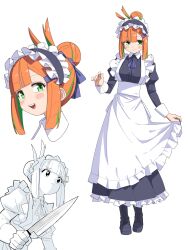 1girl apron apron_hold black_dress breasts dress frilled_apron frilled_dress frills green_eyes green_hair hair_bun highres holding holding_knife juliet_sleeves knife large_breasts long_sleeves maid maid_headdress meme multicolored_hair multiple_views neck_ribbon open_mouth orange_hair original puffy_sleeves ribbon simple_background smile standing tsukiji_uogashi_sandaime white_background yachima_tana