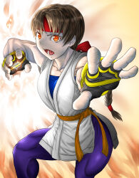 Rule 34 | 1girl, braid, braided ponytail, breasts, brown eyes, brown hair, dougi, female focus, gloves, hairband, karate gi, leather, long hair, medium breasts, muscular, muscular female, open mouth, pale skin, standing, the king of fighters, thighs, toned, toned female, vvv slider, yuri sakazaki