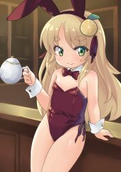 1girl animal_ear_hairband animal_ears bare_shoulders blonde_hair bow bowtie closed_mouth croixsan detached_collar fake_animal_ears flat_chest food-themed_hair_ornament futaba_channel green_eyes hair_ornament hairband holding holding_teapot indoors lemon_hair_ornament lemon_tea_(nijiura_maids) leotard long_hair nijiura_maids playboy_bunny rabbit_ear_hairband rabbit_ears red_bow red_bowtie red_hairband red_leotard smile solo split_mouth strapless strapless_leotard teapot thick_eyebrows white_wrist_cuffs wrist_cuffs