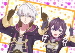 1boy 1girl :d absurdres black_eyes black_gloves black_hair black_robe brown_gloves citronhsp closed_mouth father_and_daughter female_morgan_(fire_emblem) fire_emblem fire_emblem_awakening fire_emblem_heroes gloves hair_between_eyes highres index_finger_raised long_sleeves looking_at_another looking_at_viewer looking_to_the_side male_robin_(fire_emblem) nintendo open_clothes open_mouth open_robe robe shirt smile teeth tongue upper_teeth_only white_shirt