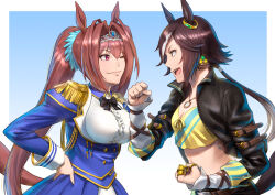 Rule 34 | 2girls, animal ears, azasuke, black jacket, blue dress, breasts, brown hair, cleavage, crop top, cropped jacket, daiwa scarlet (umamusume), dress, epaulettes, eye contact, hand on own hip, horse ears, horse girl, horse tail, jacket, long sleeves, looking at another, multiple girls, puffy long sleeves, puffy sleeves, red eyes, smile, spiked hair, tail, tiara, twintails, umamusume, upper body, vodka (umamusume)