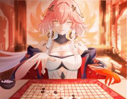 1girl bare_shoulders board_game breasts changli_(wuthering_waves) cleavage dress earrings go_(board_game) hair_between_eyes hair_ornament highres indoors jewelry large_breasts long_hair looking_at_viewer pink_hair smile solo table white_dress white_hair wuthering_waves yellow_eyes yueshen