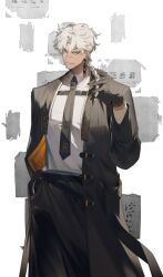 1boy absurdres black_coat black_gloves black_necktie black_pants blue_eyes braid closed_mouth coat dark-skinned_male dark_skin earrings gloves hair_between_eyes hand_in_pocket highres holding holding_own_hair jewelry long_hair looking_at_viewer nakddidi necktie original pants scar scar_on_face shirt single_braid smile tassel tassel_earrings white_background white_hair white_shirt