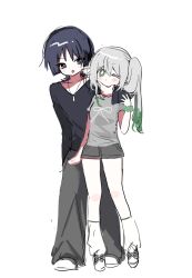 Rule 34 | 1boy, 1girl, 52601i, aged up, alternate costume, arm at side, arm behind back, baggy pants, behind another, black eyes, black hair, black shirt, black sleeves, blunt ends, blush stickers, bright pupils, casual, collarbone, colored eyelashes, colored tips, contemporary, cross-laced shoes, cross-shaped pupils, eyeliner, eyeshadow, genshin impact, green eyes, green hair, grey pants, grey shirt, grey shorts, hand on another&#039;s face, hand up, hetero, highres, jewelry, long hair, long sleeves, looking at another, loose socks, makeup, multicolored hair, nahida (genshin impact), necklace, one eye closed, pants, red eyeliner, red eyeshadow, scaramouche (genshin impact), scrunchie, shirt, shoes, short shorts, shorts, side ponytail, sidelocks, sneakers, socks, symbol-shaped pupils, tareme, tongue, tongue out, tsurime, white background, white eyelashes, white hair, white pupils, white shoes, white socks, wispy bangs, wrist scrunchie