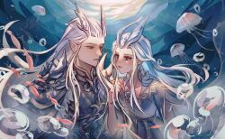 Rule 34 | 1boy, 1girl, air bubble, ao guang (nezha zhi motong jiangshi), armor, blue eyes, bubble, chinese armor, dragon boy, dragon girl, dress, eastern dragon horns, face-to-face, facial mark, forehead mark, hand up, highres, husband and wife, jellyfish, long hair, looking at another, nezha zhi motong jiangshi, pointy ears, red eyes, school of fish, short sleeves, shoulder armor, underwater, upper body, very long hair, white dress, white hair, yi zui hua yue, yinglong (nezha zhi motong jiangshi)