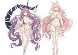 2girls alternate_costume animal_ears arknights bandaged_leg bandages bare_legs bare_shoulders bikini bow braid breasts choker covered_erect_nipples full_body highres horn_hairband ken_(shutenndouji1) large_breasts leg_ribbon long_hair long_tail multiple_girls pink_hair platform_sandals pozyomka_(arknights) purple_hair red_eyes ribbon sandals sarong see-through_clothes see-through_sarong side-tie_bikini_bottom single_braid stomach swimsuit tail tail_ornament tail_ribbon typhon_(arknights) very_long_hair white_bikini white_ribbon wolf_ears wolf_girl