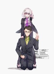 1boy 1girl aoi_tete artist_logo black_hair black_jacket black_pants black_shoes blunt_bangs bob_cut breasts business_suit closed_eyes finger_gun formal_clothes glasses hair_ornament hairpin hand_on_another&#039;s_shoulder high_heels highres idol jacket kimi_to_idol_precure logo long_sleeves looking_at_viewer manager mature_female mature_male multiple_hairpins musical_note musical_note_print necktie pants parted_bangs precure purirun_(human_form) purple_shirt salaryman seiza shirt shoes short_hair signature sitting standing suit sunglasses tanaka_(precure) v very_short_hair watermark white_background