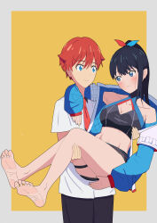 1boy 1girl absurdres barefoot black_hair blue_eyes blush breasts carrying carrying_person cleavage feet gridman_universe hibiki_yuuta highres long_hair looking_at_viewer piaofu_wu ponytail soles ssss.gridman takarada_rikka toes