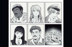 2girls 6+boys ^_^ abella_(fear_&amp;_hunger) african_clothes august_(fear_&amp;_hunger) border chibi closed_eyes closed_mouth collared_shirt dark-skinned_male dark_skin earrings facial_hair fear_&amp;_hunger_(series) fear_&amp;_hunger_2:_termina greyscale gun hashtag-only_commentary hat henryk_(fear_&amp;_hunger) highres holding holding_gun holding_weapon holding_wrench jewelry levi_(fear_&amp;_hunger) lineup long_hair looking_at_viewer marcoh_(fear_&amp;_hunger) military_hat min90084 monochrome multiple_boys multiple_girls mustache neck_ribbon o&#039;saa_(fear_&amp;_hunger) open_mouth parted_lips pav_(fear_&amp;_hunger) ribbon rifle samarie_(fear_&amp;_hunger) scarf shirt short_hair smile weapon white_border wrench