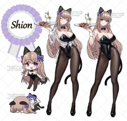 1girl animal_ears armpits bell black_bow black_bowtie black_leotard black_shoes blush bow bowtie breasts brown_hair brown_pantyhose character_name chibi cleavage closed_mouth cocktail_glass cup dogeza drinking_glass eyebrows_hidden_by_hair fake_animal_ears fake_tail full_body groin hair_bell hair_between_eyes hair_ornament hair_ribbon highres holding holding_tray karin_reiro00 large_breasts leotard lips long_hair looking_at_viewer multiple_views open_mouth original pantyhose plate purple_eyes purple_ribbon ribbon shirt shoes smile tail tray white_shirt white_wrist_cuffs wrist_cuffs