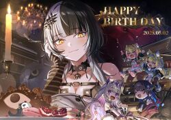 &gt;_&lt; 5girls animal_ear_fluff animal_ears bandaid bandaid_hair_ornament belt black_belt black_choker black_dress black_hair black_horns black_jacket blue_hair blue_hairband blush blush_stickers book book_stack breasts cake candle candlestand chest_belt choker circlet closed_eyes closed_mouth colored_inner_hair dated demon_horns dog_ears dog_girl dog_tail dress eating food fork fuwawa_abyssgard fuwawa_abyssgard_(1st_costume) gem grey_hair hair_ornament hairband hairclip hand_on_own_head happy_birthday head_rest highres holding holding_fork holoadvent hololive hololive_english horns indoors jacket jewel_under_eye koseki_bijou koseki_bijou_(1st_costume) large_breasts long_hair macaron metal_wings mini_person minigirl mococo_abyssgard mococo_abyssgard_(1st_costume) multicolored_hair multiple_girls nerissa_ravencroft nerissa_ravencroft_(1st_costume) novelites_(shiori_novella) open_clothes open_jacket open_mouth party_popper pink_eyes pink_hair pink_hairband purple_eyes purple_gemstone purple_hair shiori_novella shiori_novella_(1st_costume) shirt shoes siblings sisters sitting sleeveless sleeveless_dress small_breasts smile sneakers split-color_hair streaked_hair striped_arm_warmers tail twins two-tone_hair very_long_hair virtual_youtuber white_dress white_shirt white_shoes yellow_eyes yomosaka