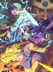 Rule 34 | 1boy, 1girl, 1other, ambiguous gender, artist name, beard, belt, black hair, blue eyes, blue gemstone, blue tunic, bracelet, bright pupils, broken necklace, brown belt, brown gloves, brown hair, cape, casting spell, circlet, colored eyelashes, commentary request, cowboy shot, dragon quest, dragon quest iii, earrings, erdrick&#039;s sword, facial hair, father and daughter, floating cape, floating clothes, floating hair, gem, gloves, glowing, glowing sword, glowing weapon, gold bracelet, gold circlet, green cape, green robe, grey eyes, heroine (dq3), highres, holding, holding staff, holding sword, holding weapon, hood, hood up, hoop earrings, incoming attack, jewelry, knee up, lightning, looking at viewer, mage (dq3), mage staff, magic, one eye covered, open mouth, ortega (dq3), pants, parent and child, pink eyes, pink pupils, purple cape, red gemstone, red pupils, robe, roto (dq3), sandals, scabbard, sheath, shey93735903, short hair, silver circlet, silver earrings, spiked hair, staff, sweatdrop, sword, teeth, torn clothes, torn tunic, tunic, weapon, white pupils, yellow pants, yellow sleeves