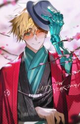 1boy black_kimono blonde_hair blue_eyes blue_hat blue_shirt branch citronplanet earrings glasses haori hat highres holding holding_unworn_clothes holding_unworn_hat jacket japanese_clothes jewelry kimono looking_at_viewer male_focus mole mole_under_eye one_eye_closed orange-tinted_eyewear prosthesis prosthetic_arm red_jacket round_eyewear shirt short_hair single_earring smile solo tinted_eyewear trigun trigun_stampede unworn_hat unworn_headwear upper_body vash_the_stampede wide_sleeves