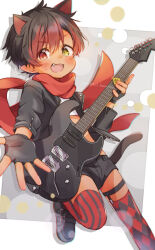 1boy absurdres animal_ears artist_name asymmetrical_legwear black_jacket black_shoes blush cat_boy cat_ears cat_tail child commentary_request commission crop_top dated dot_nose facial_mark fangs far_tarooo foot_out_of_frame green_eyes guitar hair_between_eyes heterochromia highres holding holding_guitar holding_instrument instrument jacket long_sleeves looking_at_viewer male_focus midriff mismatched_legwear multicolored_hair open_acket open_mouth original outstretched_arm parted_bangs red_eyes red_scarf scarf shirt shoes short_hair skeb_commission tail tongue unzipped whisker_markings white_shirt zipper
