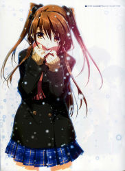 10s 1girl absurdres blush brown_eyes brown_hair coat female_focus hair_ribbon highres long_hair nakamura_takeshi non-web_source ogiso_setsuna ribbon scarf school_uniform smile snow solo white_album_(series) white_album_2 winter winter_clothes winter_coat