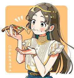 1girl aoyama_wasabi belt blush brown_eyes brown_hair buttons cheese cheese_trail eating food gakuen_idolmaster highres holding holding_food holding_pizza idolmaster kuramoto_china long_hair parted_bangs pizza shirt simple_background skirt solo sweatdrop two-tone_background watch white_background white_shirt wristwatch yellow_background
