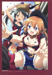 Rule 34 | 2girls, absurdres, blue eyes, blue shorts, blush, breasts, charlotte e. yeager, cleavage, collarbone, crotch, fang, francesca lucchini, green eyes, green hair, hair ribbon, highres, large breasts, long hair, looking at viewer, multiple girls, navel, official art, one eye closed, open mouth, orange hair, panties, ribbon, shorts, small breasts, smile, strike witches, striped clothes, striped panties, turkey (bird), twintails, underwear, wink, world witches series