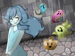 1girl artist_name blue_hair dress female_focus grey_eyes long_hair messy_hair pumpkin sidelocks smile solo spooky&#039;s_house_of_jump_scares spooky_(shojs) tan-sama