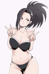 1girl :&lt; bare_arms bare_shoulders bikini black_bikini black_eyes black_hair boku_no_hero_academia breasts cleavage closed_mouth commentary cowboy_shot double_v english_commentary facing_viewer gluteal_fold hands_up large_breasts looking_to_the_side navel ponytail relaxjon sideways_glance simple_background skindentation solo split_mouth standing stomach swimsuit v white_background wide_ponytail yaoyorozu_momo