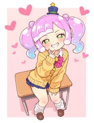 1girl blue_hair blue_hat blue_skirt bow bowtie brown_shoes cardigan commentary desk diagonal-striped_bow diagonal-striped_bowtie diagonal-striped_clothes double_bun full_body gradient_hair green_eyes grin gyaru hair_bun hat heart loose_socks mini_hat mini_top_hat miniskirt multicolored_hair onyhakase parted_lips pink_bow pink_bowtie pink_hair pleated_skirt puniru_(puniru_wa_kawaii_slime) puniru_wa_kawaii_slime school_desk school_uniform shirt shoes short_hair skirt sleeves_past_wrists smile socks solo striped_bow striped_bowtie striped_clothes teeth top_hat twintails v white_shirt white_socks yellow_cardigan