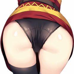 Rule 34 | 1girl, ass, ass focus, belt, black panties, black thighhighs, crotch seam, dress, female focus, from behind, hews, kono subarashii sekai ni shukufuku wo!, megumin, panties, red dress, simple background, single thighhigh, solo, thighhighs, thighs, underwear, white background