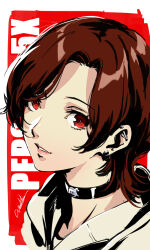 1girl barbell_piercing black_choker brown_hair choker commentary copyright_name ear_piercing earrings genderswap genderswap_(mtf) industrial_piercing jack_frost_(megami_tensei) jewelry lips looking_at_viewer parted_bangs parted_lips persona persona_5 persona_5:_the_phantom_x piercing pink_lips portrait red_eyes short_hair signature solo stud_earrings symbol-only_commentary upper_body werkbau wonder_(p5x)