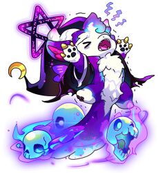 &gt;_&lt; 1other black_robe chibikemo closed_eyes dragon dragon_village_(series) dragon_village_collection feathered_wings furry game_cg halo hat klid_(dragon_village) klid_(judge)_(dragon_village) lowres nightcap official_art open_mouth purple_wings robe skull star_halo stretching third-party_source transparent_background trembling wings